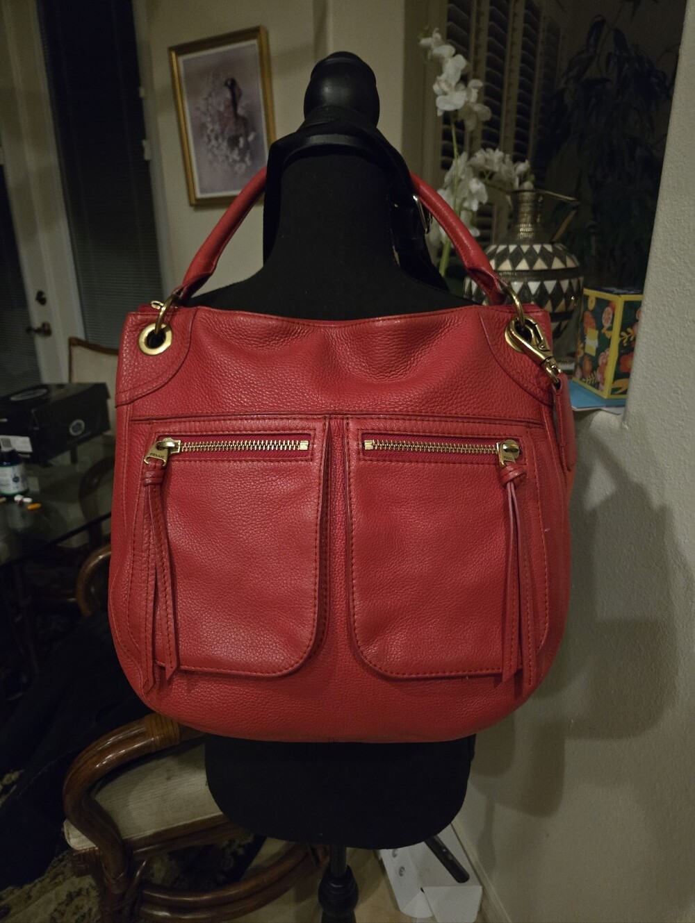 Vintage Fossil Red Cowhide Leather Handbag Detachable Shoulder/Crossbody Strap